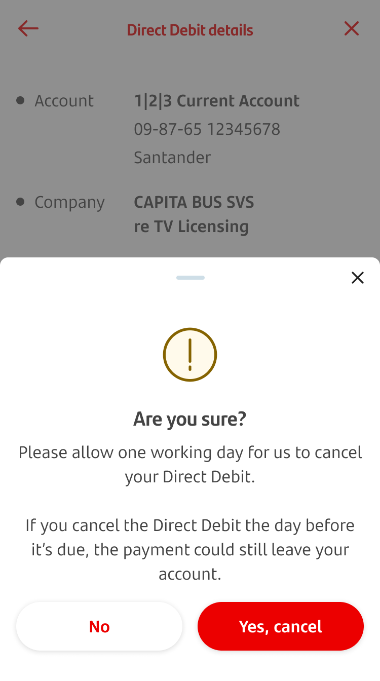 6-Confirm Cancel.png Screen warning customers about cancelling a Direct Debit