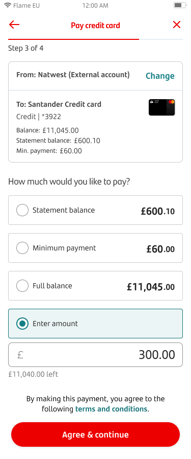 Screen for paying a credit card, step 2